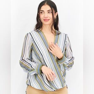 DKNY- Striped V-Neck Blouse - Green and White